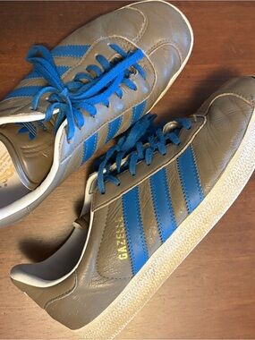 Adidas Gazelle Sneakers- Taupe with Blue Stripes- Men or Women’s Shoe